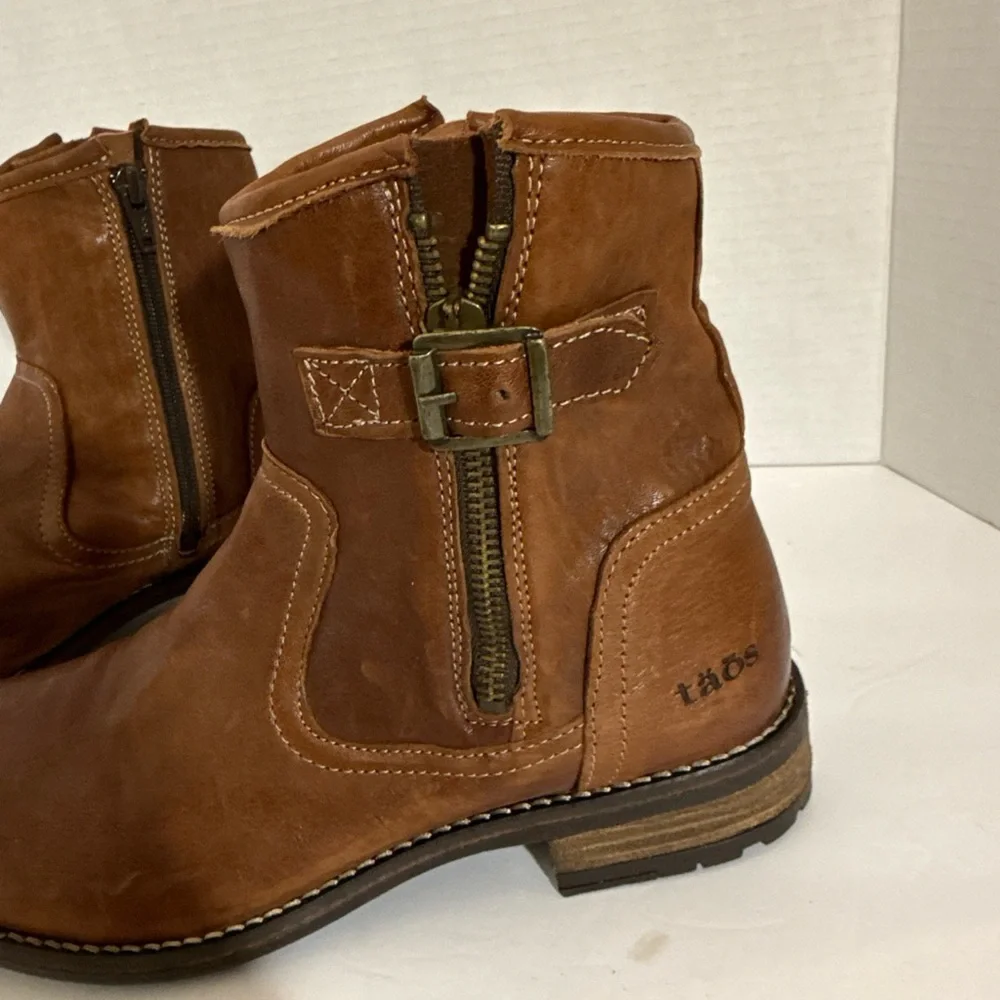 Taos Leather Ankle Boots Brown Side Zip Buckle Women’s Size 39 Comfort Casual - Picture 14 of 14